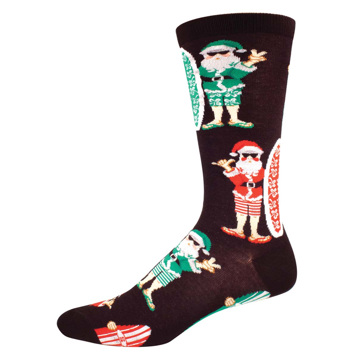 A pair of black crew socks with a Christmas theme, featuring Santa Claus and surfboards.