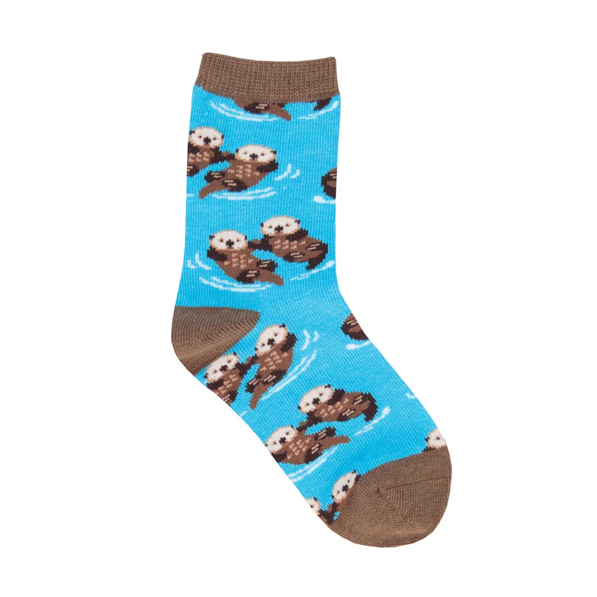 A colorful crew sock featuring multiple otters holding hands while floating on blue water.
