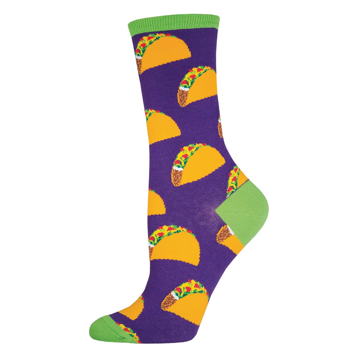 A pair of purple cotton crew socks with a pattern of yellow tacos and green accents.