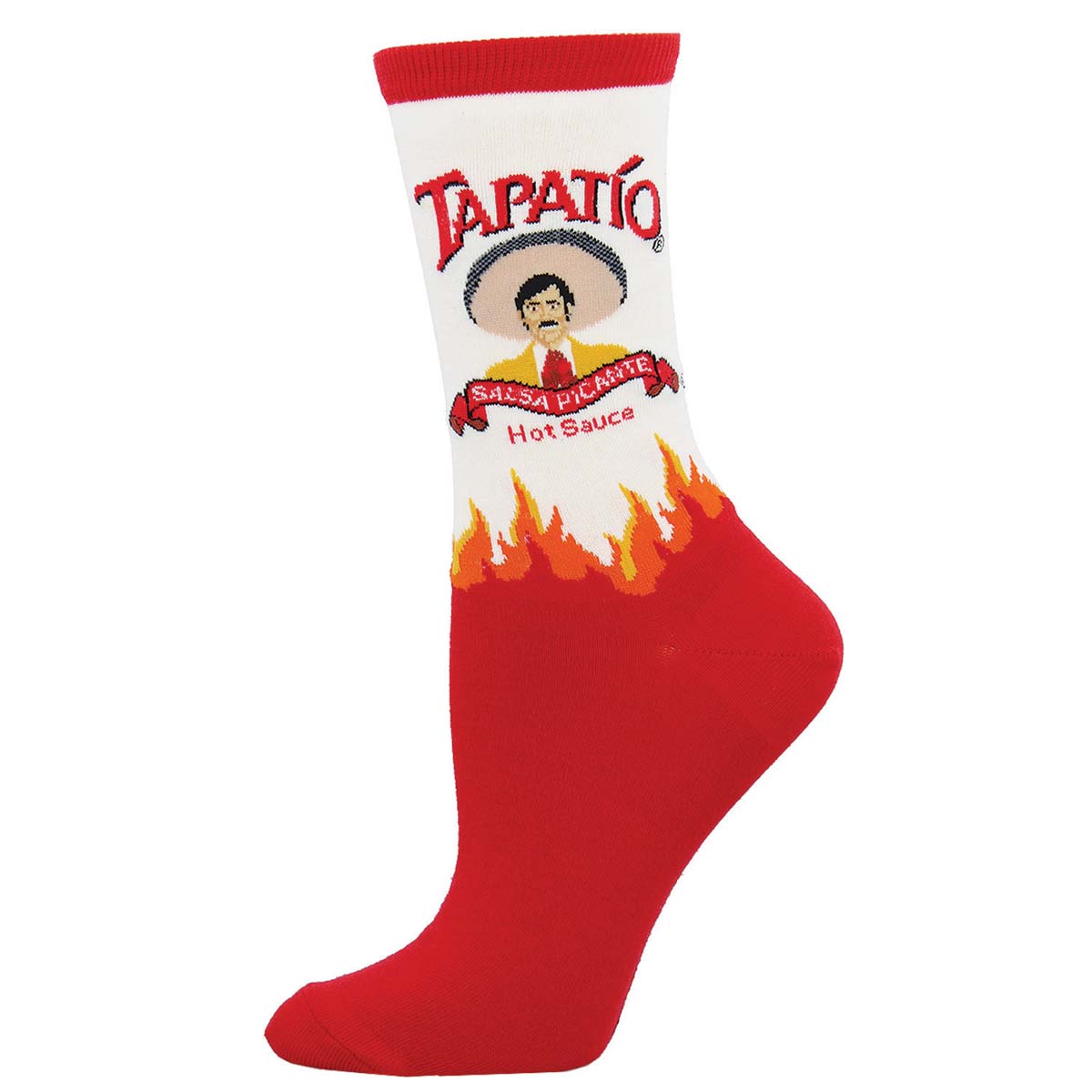 A pair of white crew socks with a red heel and toe, featuring the Tapatio hot sauce brand logo and flame designs.