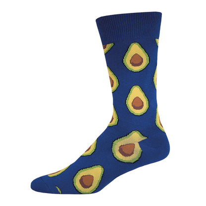A pair of blue cotton crew socks with avocado designs
