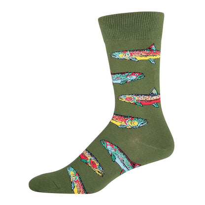 A pair of green crew socks with a pattern of colorful trout.