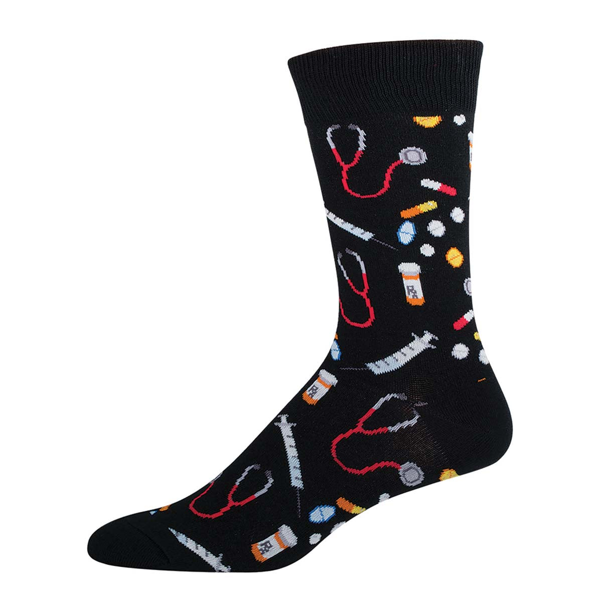 A pair of black crew socks with a medical theme, including stethoscopes, pills, and laboratory equipment printed in red, white, and yellow colors.