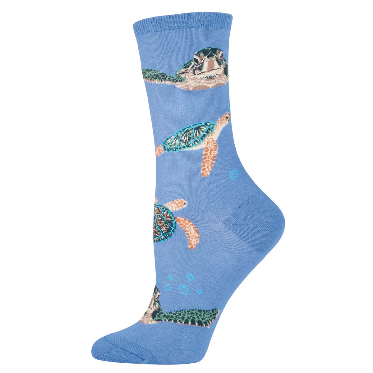 A pair of blue cotton crew socks with sea turtle patterns.