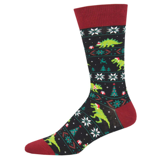 A pair of multicolored socks featuring dinosaur patterns and Christmas-themed designs, predominantly in red, green, and white.
