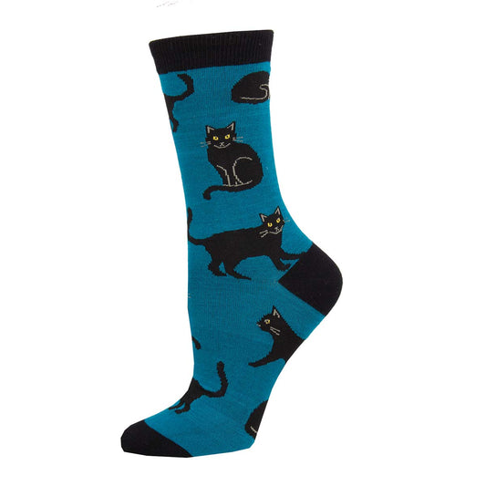 A pair of blue socks with black cat patterns.