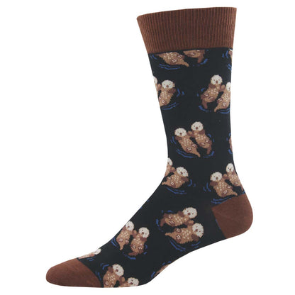Men's Cotton Crew Socks - Cute Otters Holding Hands Design - Black - Socksmith