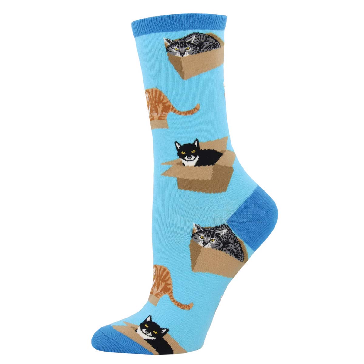 Women's Cotton Crew Socks - Cats in Boxes Design - Blue - Socksmith