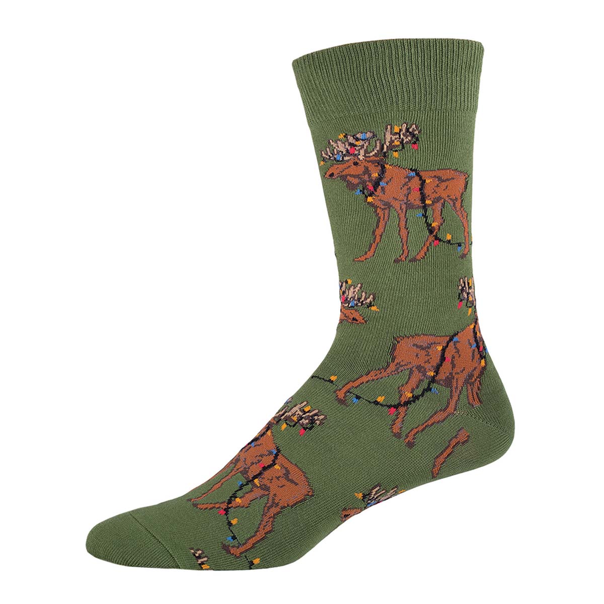 A pair of green crew socks with a pattern of moose tangled in Christmas lights.