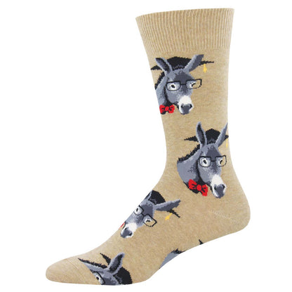 A pair of hemp cotton crew socks with a pattern of cartoon donkeys wearing glasses and bow ties. Smart Ass