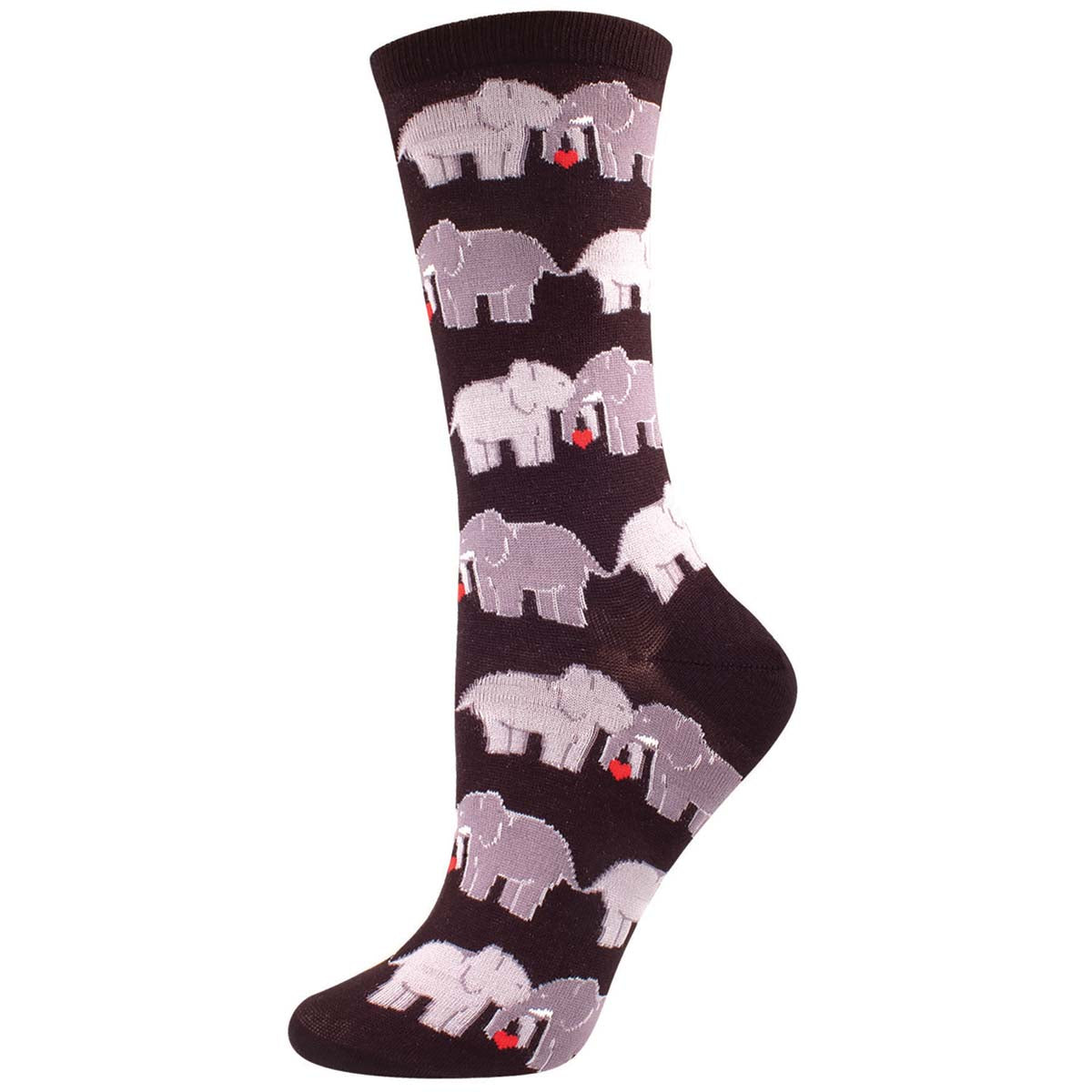 A pair of women's crew socks featuring a pattern of elephant couples holding trunks and intertwining tails, in black.