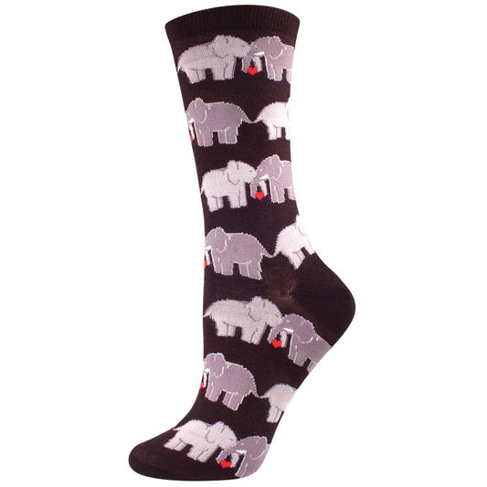 A pair of women's crew socks featuring a pattern of elephant couples holding trunks and intertwining tails, in black.