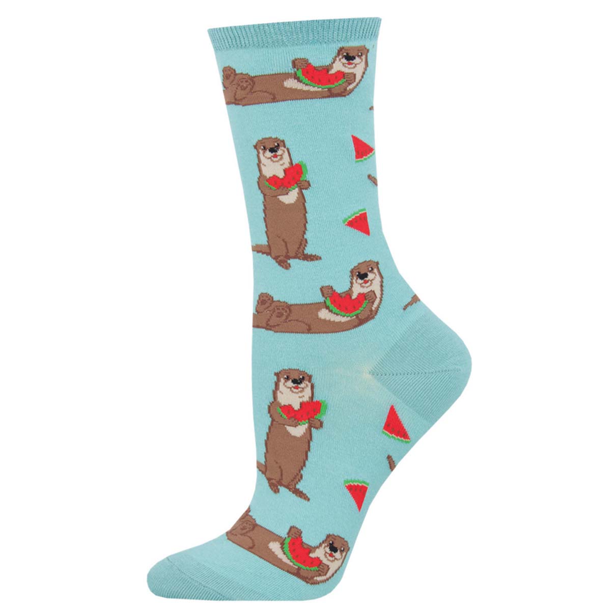 A pair of blue crew socks with a pattern of otters holding watermelon slices and red accents on the design.