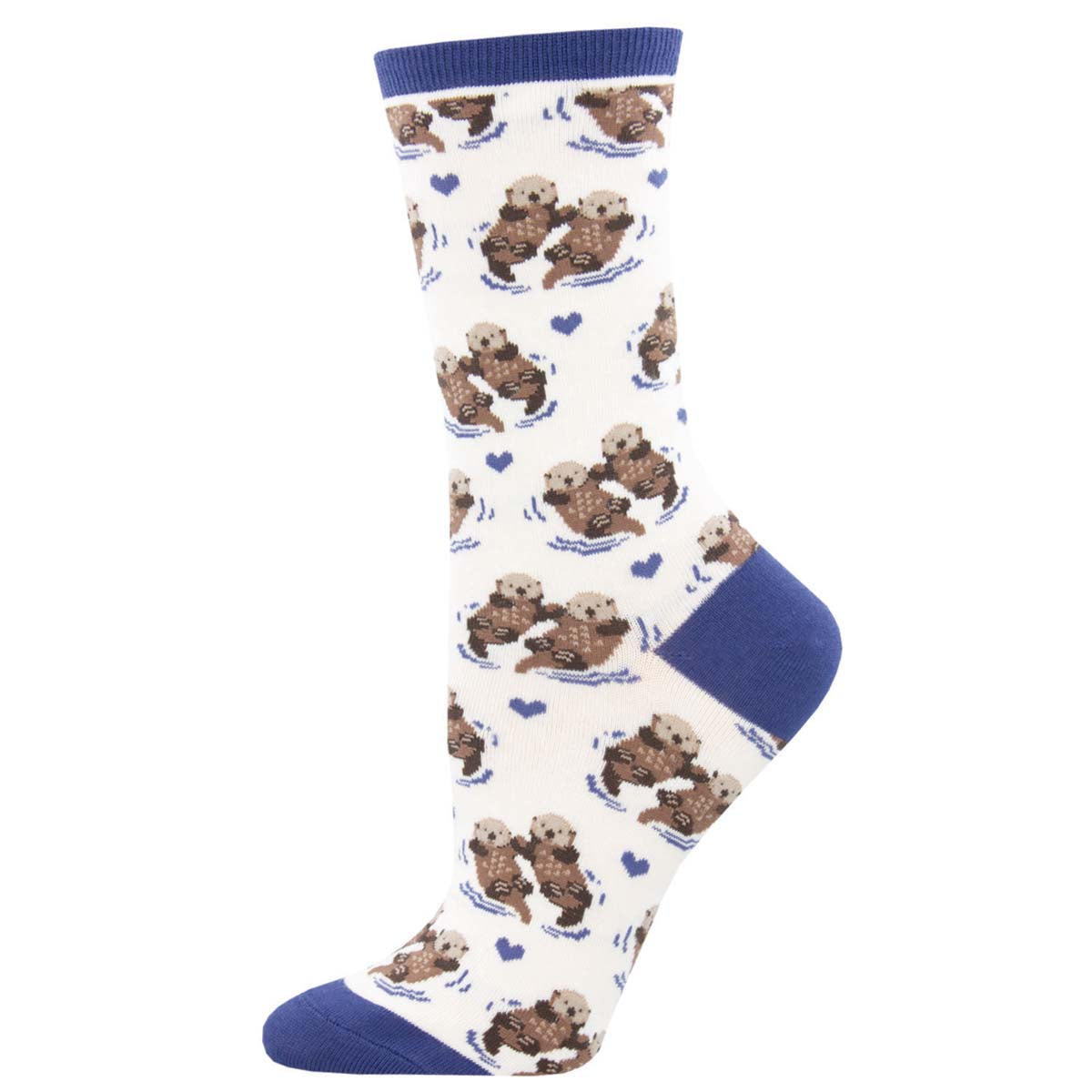 A pair of white crew socks with a pattern of otters holding hands and hearts. Significant Otter. 