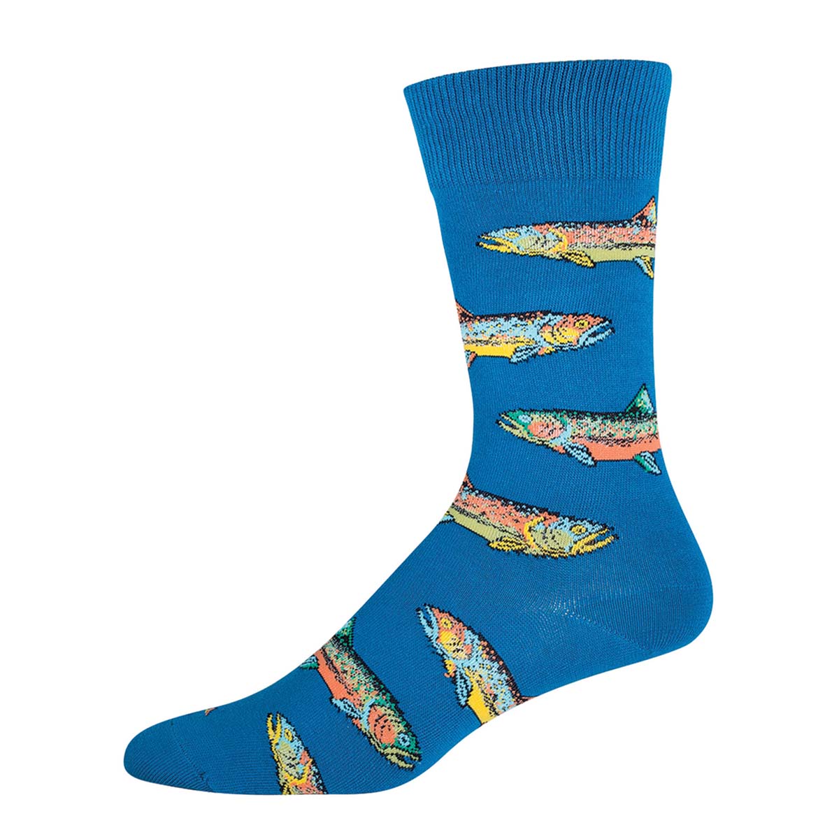 A pair of blue crew socks with a pattern of colorful trout.