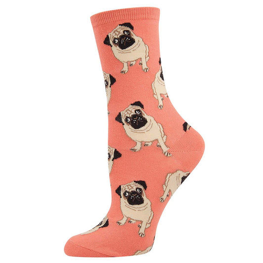 A peach crew sock with a pattern of multiple pugs in a repeat design.