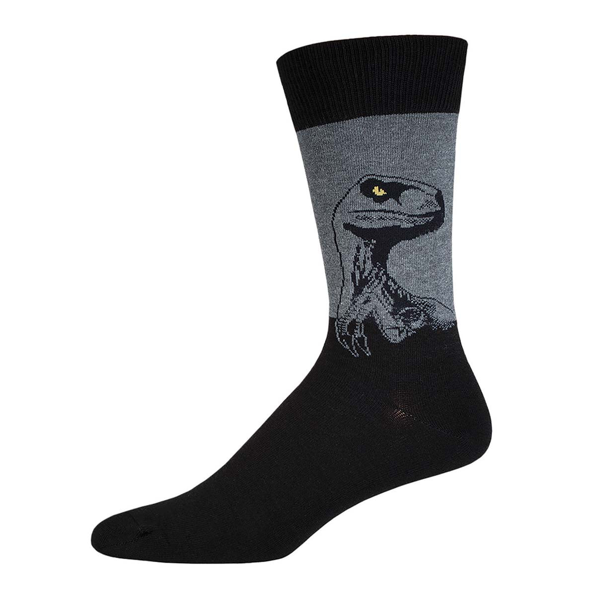 A pair of crew socks featuring a gray velociraptor design on a black background.