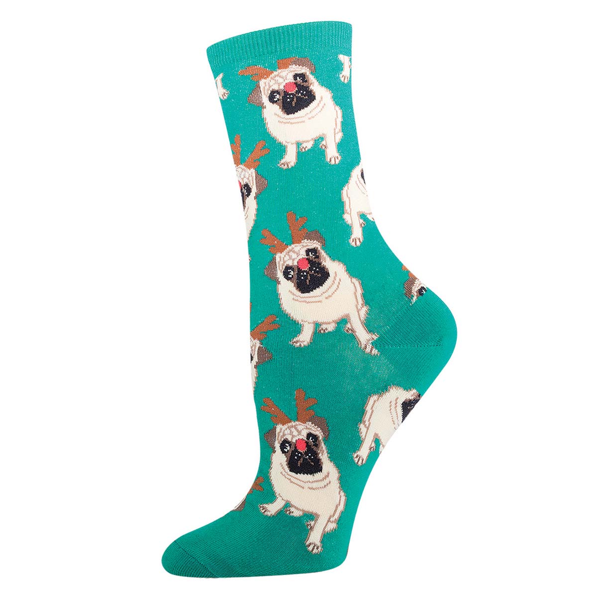 A pair of green crew socks with a pattern of pug dogs wearing antlers.