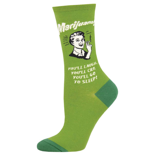 Green crew socks with text and graphic related to marijuana and retro style. Text reads You'll Laugh, You'll Cry, You'll Go To Sleep!
