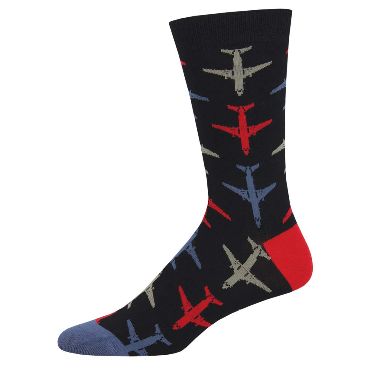 A pair of black bamboo socks with a pattern of red and grey airplanes