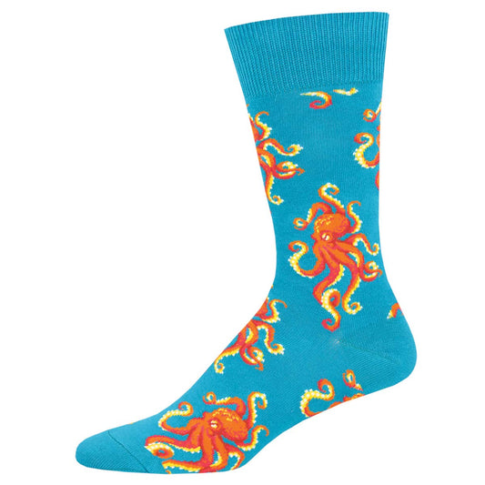 Men's Cotton Crew Socks - Red Octopus Design on Teal Background - Socksmith
