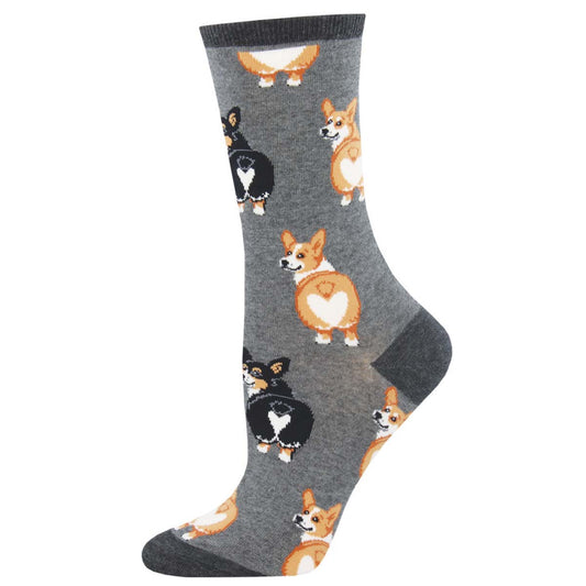 Women's Cotton Crew Socks - Cute Corgi Butts Design - Gray - Socksmith