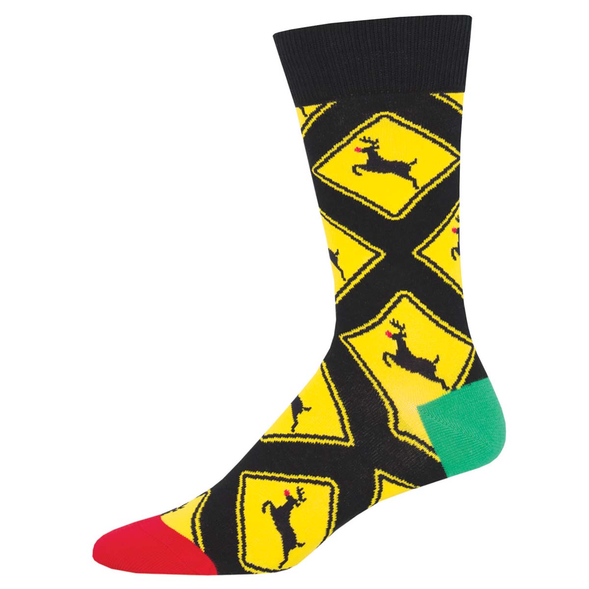 A pair of black novelty cotton crew socks featuring a pattern with road signs and reindeer silhouettes.
