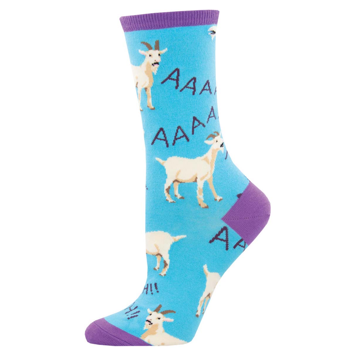 A pair of blue crew socks with a pattern of goats and the sound effect 'AAAAAH' printed on them.