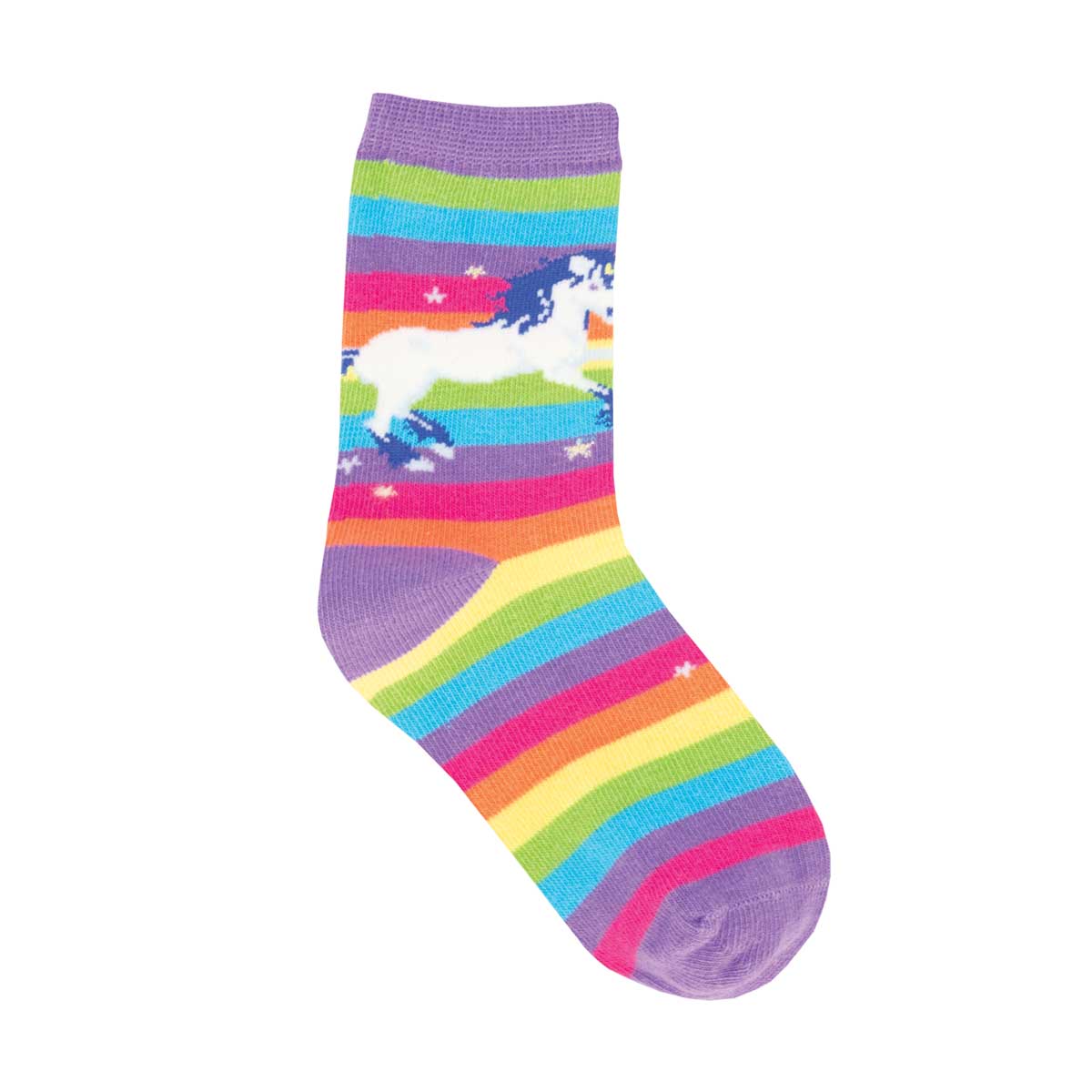 A colorful pair of socks featuring a unicorn and rainbow pattern.