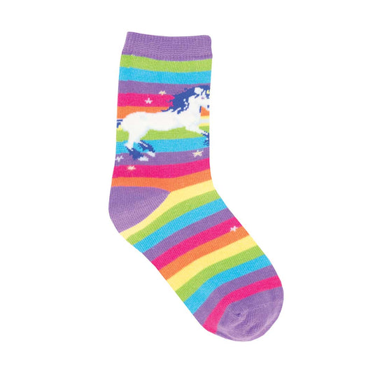 A colorful pair of socks featuring a unicorn and rainbow pattern.