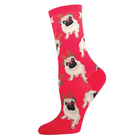 A pair of red crew socks with a pattern of pug dogs wearing antlers.