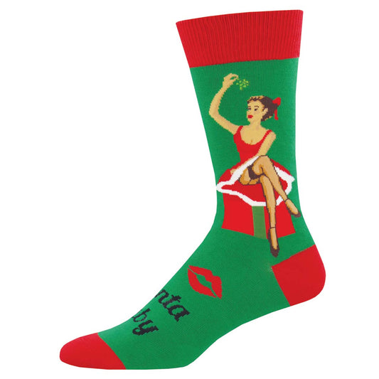A pair of Christmas socks with a red and green color scheme. The socks feature an illustration of a woman in a Santa outfit holding mistletoe, with the text 'Santa Baby' written on them.