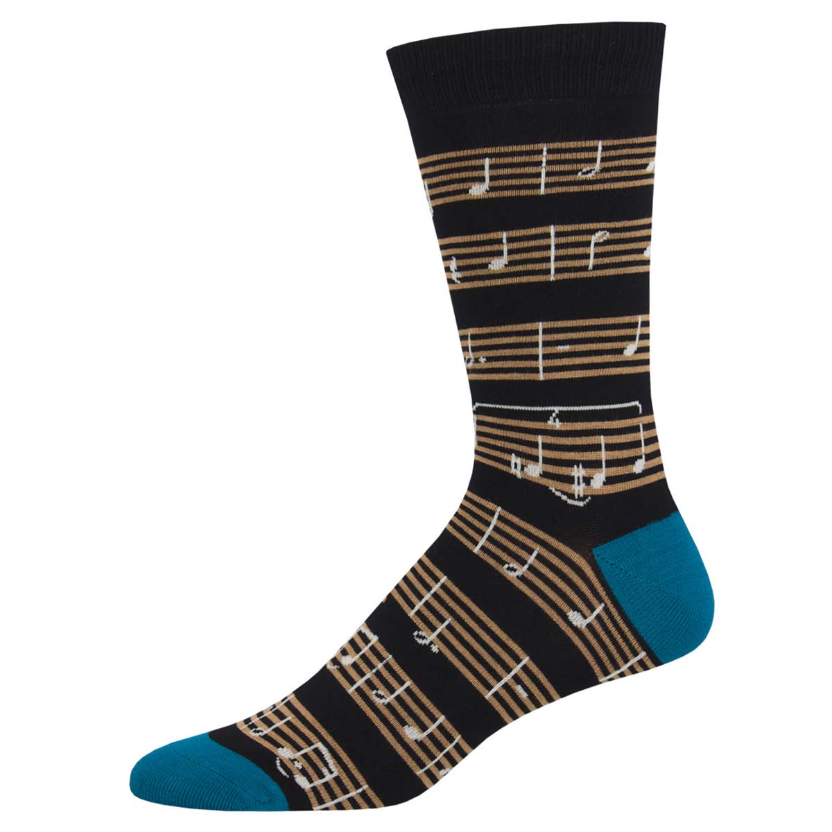 A pair of black crew socks with a musical note pattern and bamboo heel and toe caps.