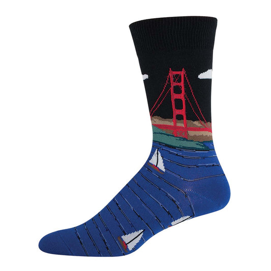 A pair of socks with the design of the Golden Gate Bridge, bay, and sailboats.