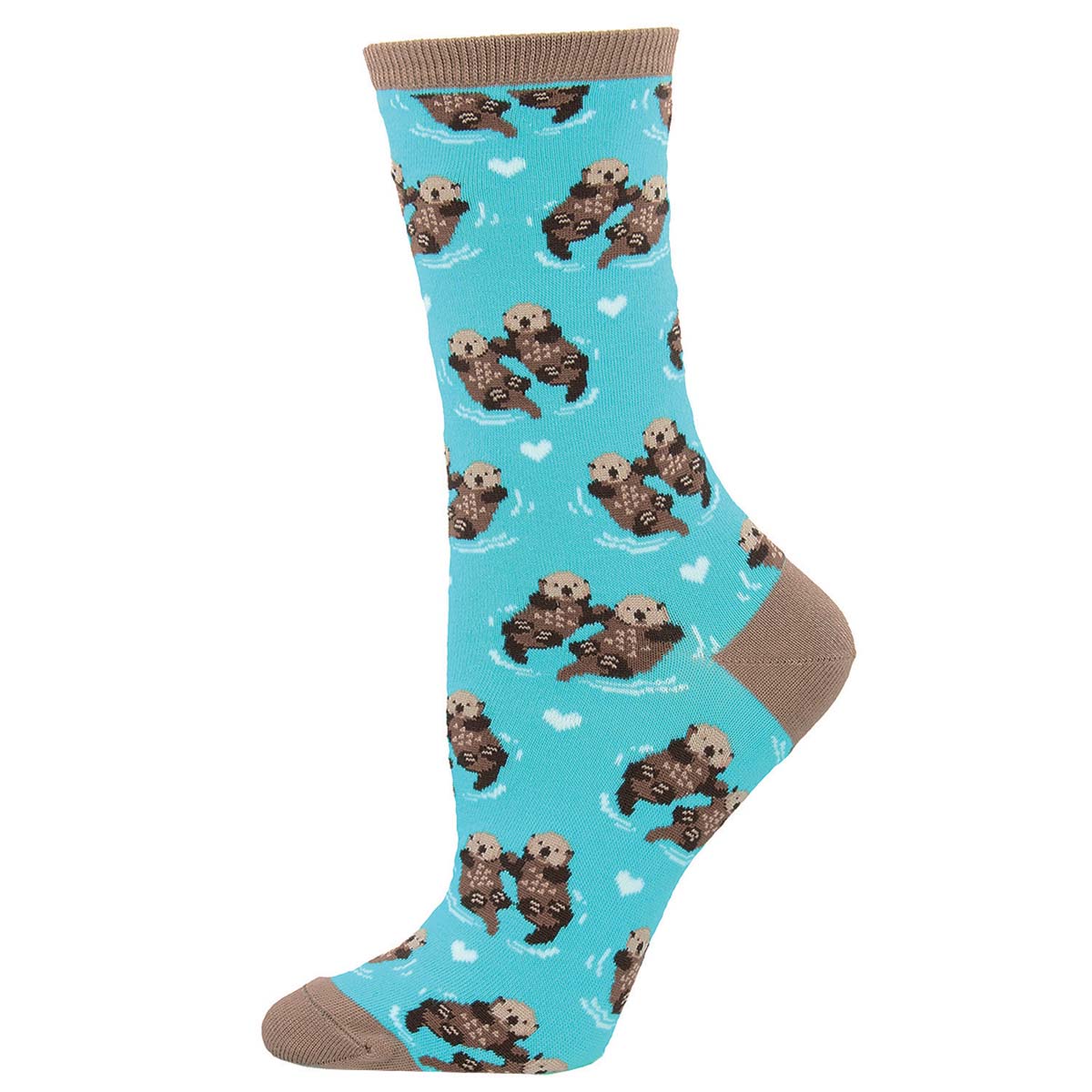 A pair of blue crew socks with a pattern of otters holding hands and hearts. Significant Otter. 
