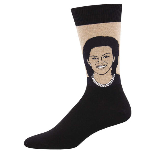 A pair of novelty cotton crew socks featuring a portrait of Michelle Obama.