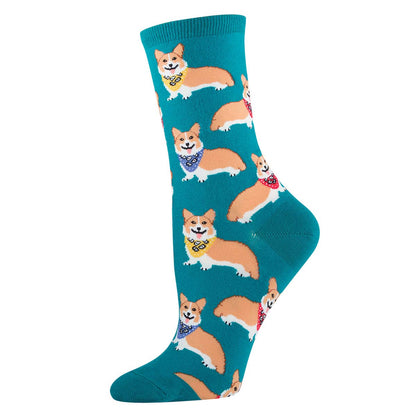 A pair of teal socks featuring a pattern of corgi dogs wearing bandanas.