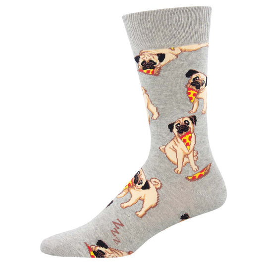 A pair of gray crew socks with a pattern of pug dogs eating pizza slices.