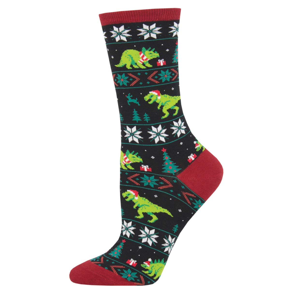 A pair of black crew socks with a pattern of dinosaurs in Santa hats, snowflakes, and Christmas trees.