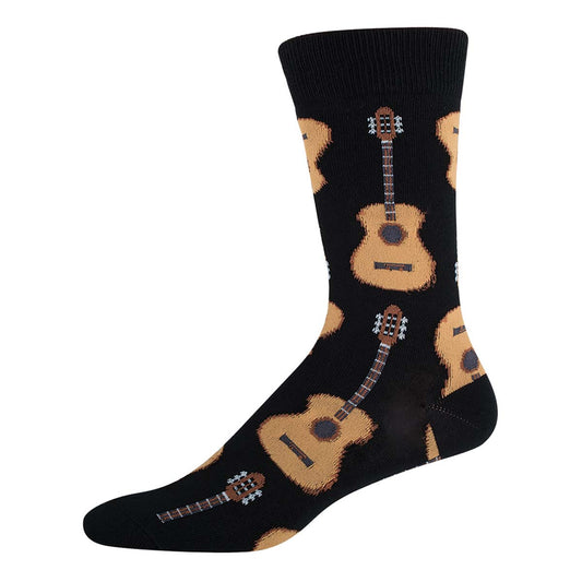 A pair of black crew socks with a pattern of acoustic guitars in a repeated design.