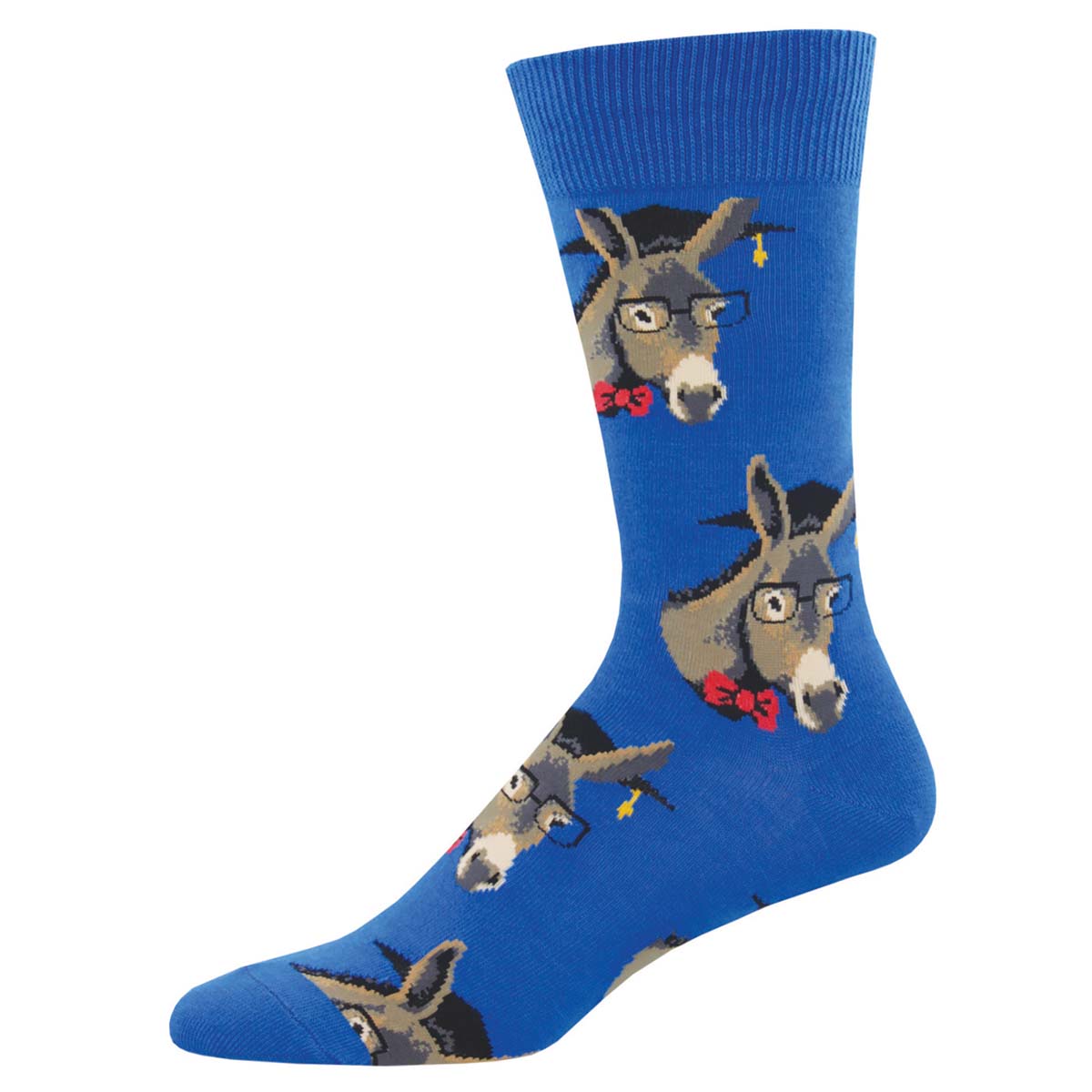 A pair of blue cotton crew socks with a pattern of cartoon donkeys wearing glasses and bow ties. Smart Ass