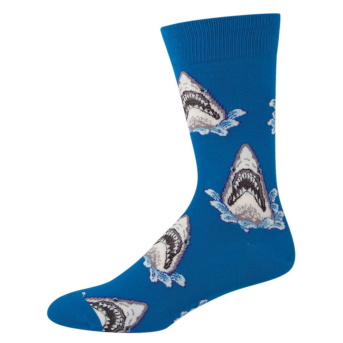 A blue crew sock with a pattern of shark jaws in white and grey colors.