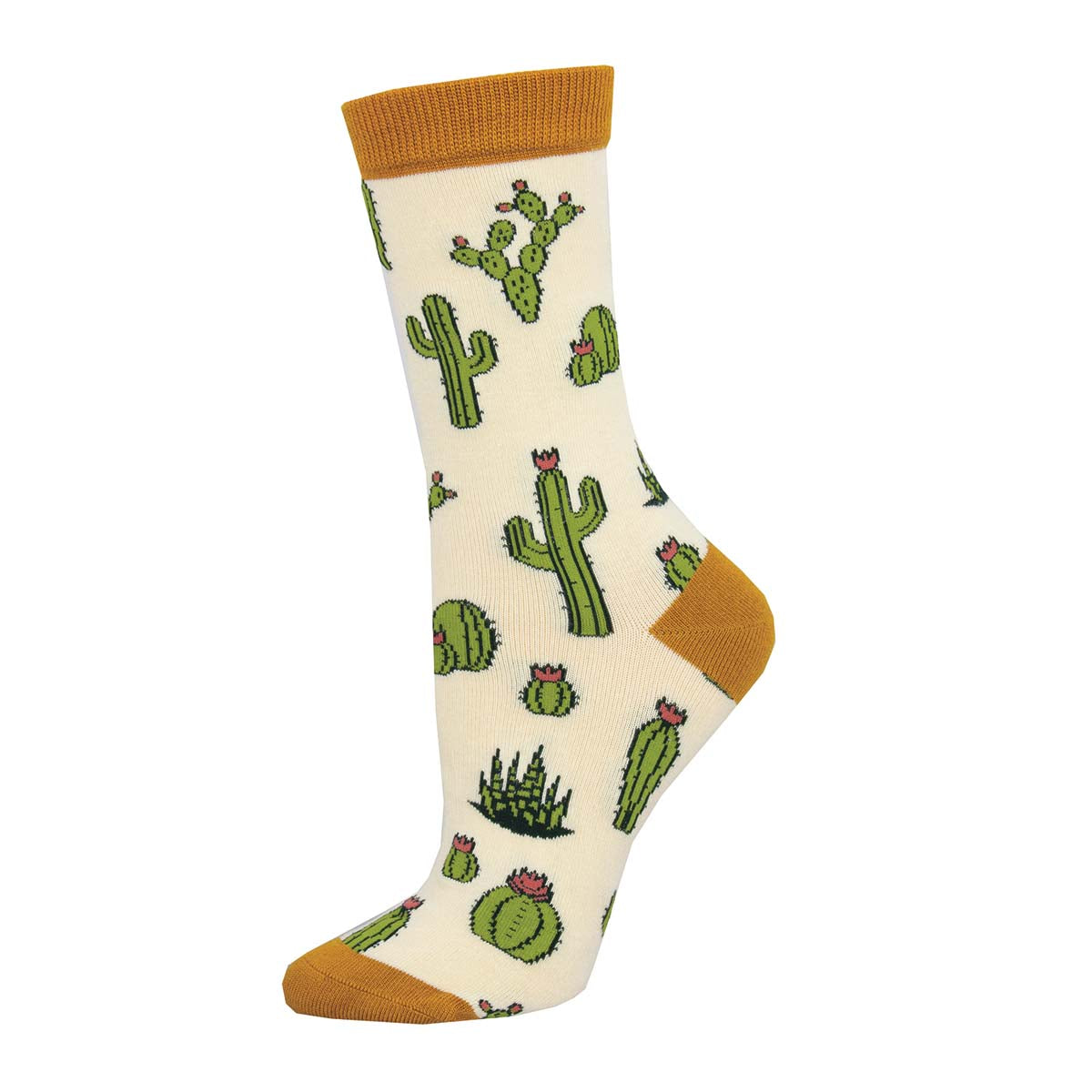 A pair of socks with a pattern of green cacti on a beige background with orange at the heel and toe.