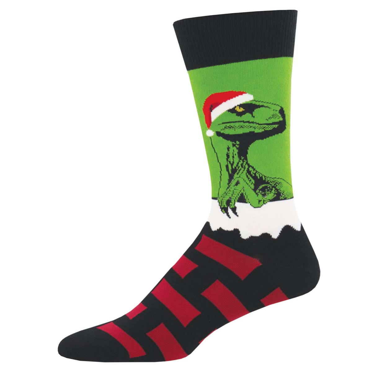 A pair of Christmas-themed crew socks featuring a green dinosaur wearing a Santa hat on a black and red striped background.