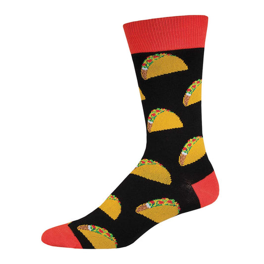 A pair of novelty cotton crew socks featuring a pattern of tacos on a black background with red trim.