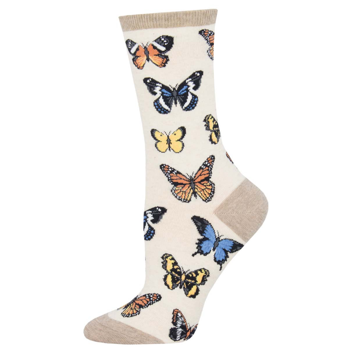 A pair of crew socks with a pattern of colorful butterflies on a beige background.