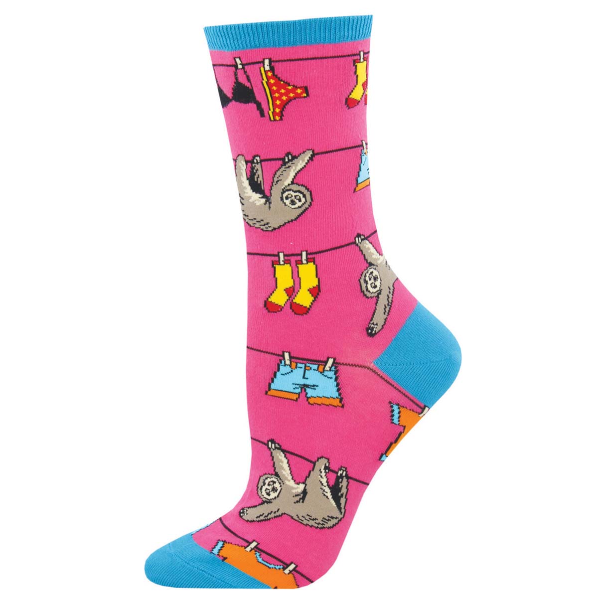 A pair of pink crew socks with a pattern of sloths hanging from clothespins and various garments on a clothesline.