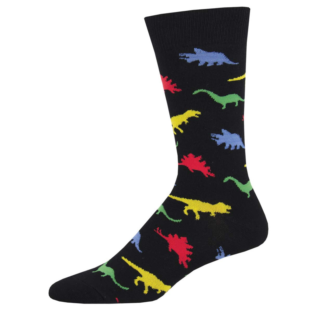 A pair of black crew socks with a pattern of colorful dinosaur silhouettes.