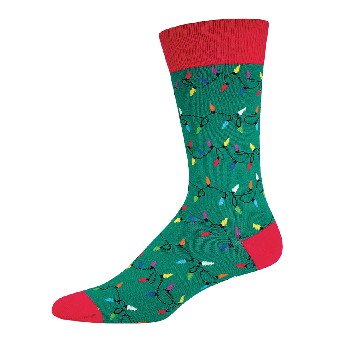 A pair of green crew socks with red trim, decorated with a pattern of colorful Christmas lights.