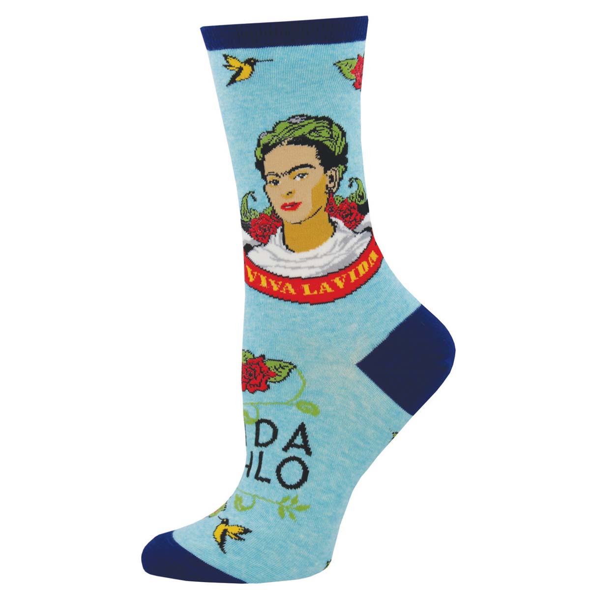 A pair of cotton crew socks featuring a portrait of Frida Kahlo with the text 'Viva La Frida' on a blue background.